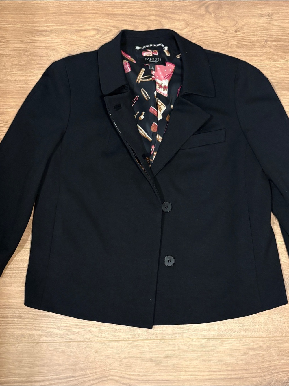Talbots Black Women's Two-Button Blazer with Patterned Lining